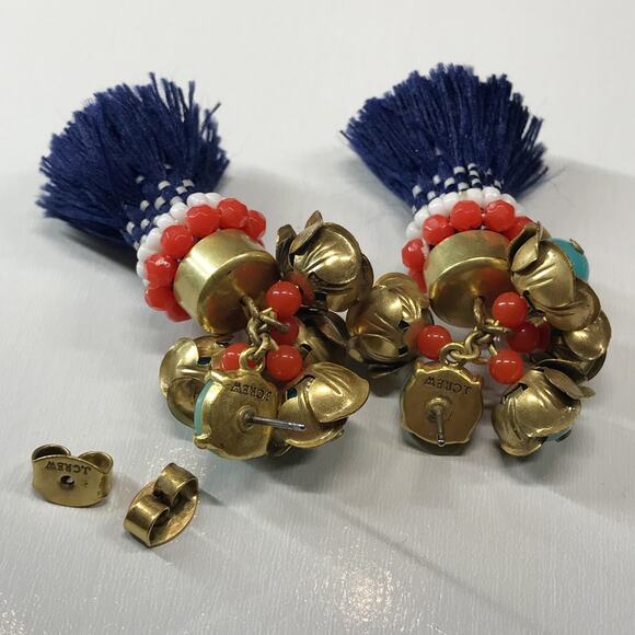 J Crew Faux Turquoise Coral Earrings Tassel Fringe Boho Beaded Dangle Pierced - Picture 9 of 9